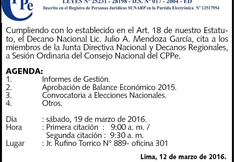 CONVOCATORIA PARA CONSEJO ORDINARIO DE DECANOS REGIONALES DEL CPPe