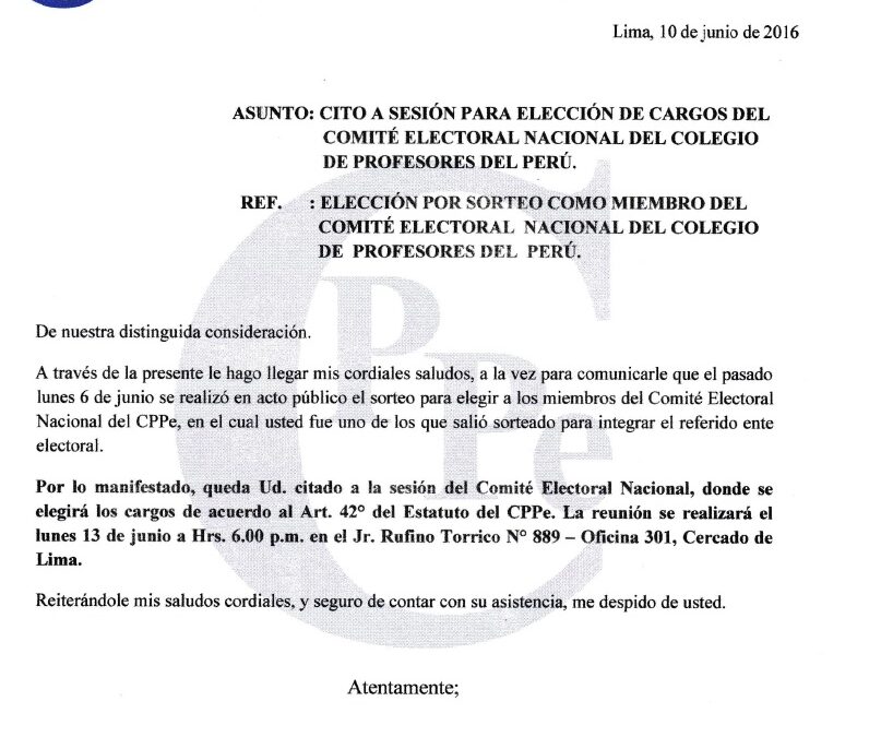 CITACIÓN A SESIÓN PARA ELECCIÓN DE CARGOS DEL COMITÉ ELECTORAL NACIONAL (CEN)