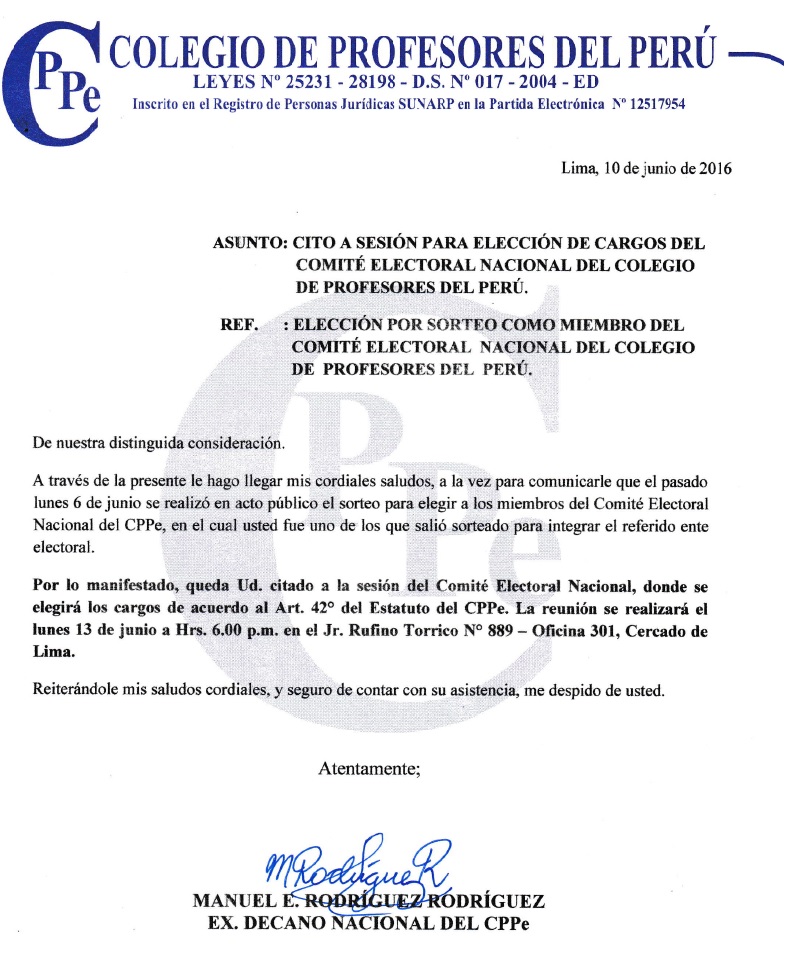 CITACIÓN A SESIÓN PARA ELECCIÓN DE CARGOS DEL COMITÉ ELECTORAL NACIONAL (CEN)